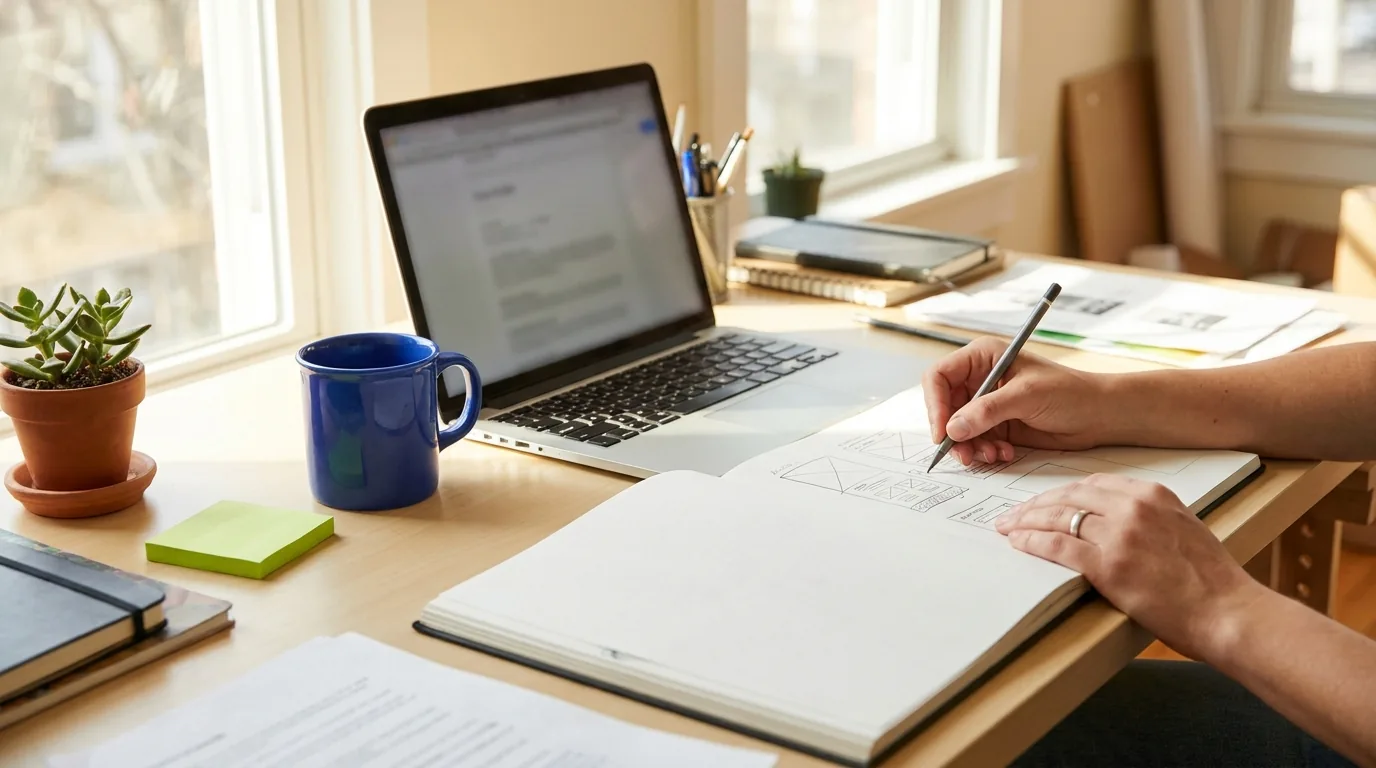 Designer sketching wireframes at a sunlit desk