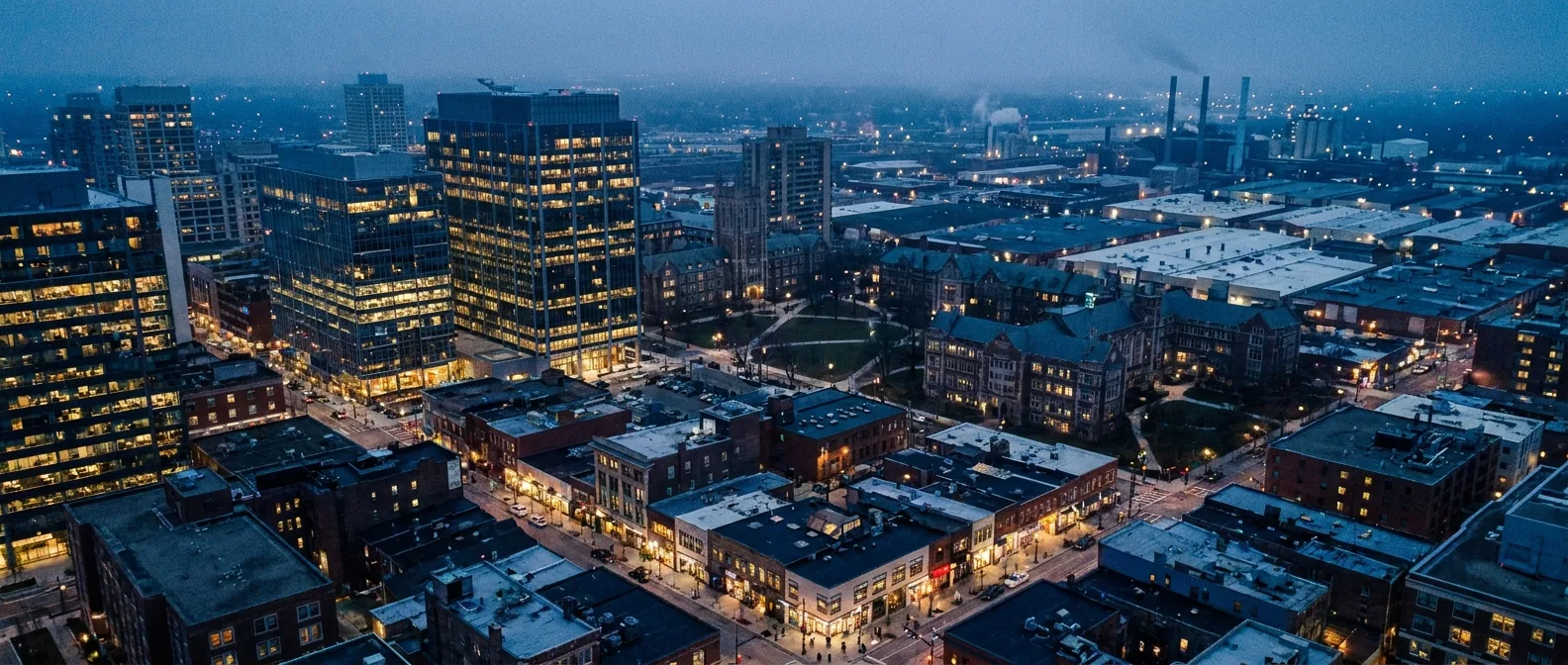 City district at dusk spanning offices, campus, retail and warehouses