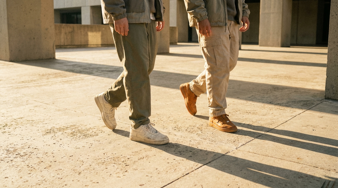Friends walking in Moda sneakers at golden hour