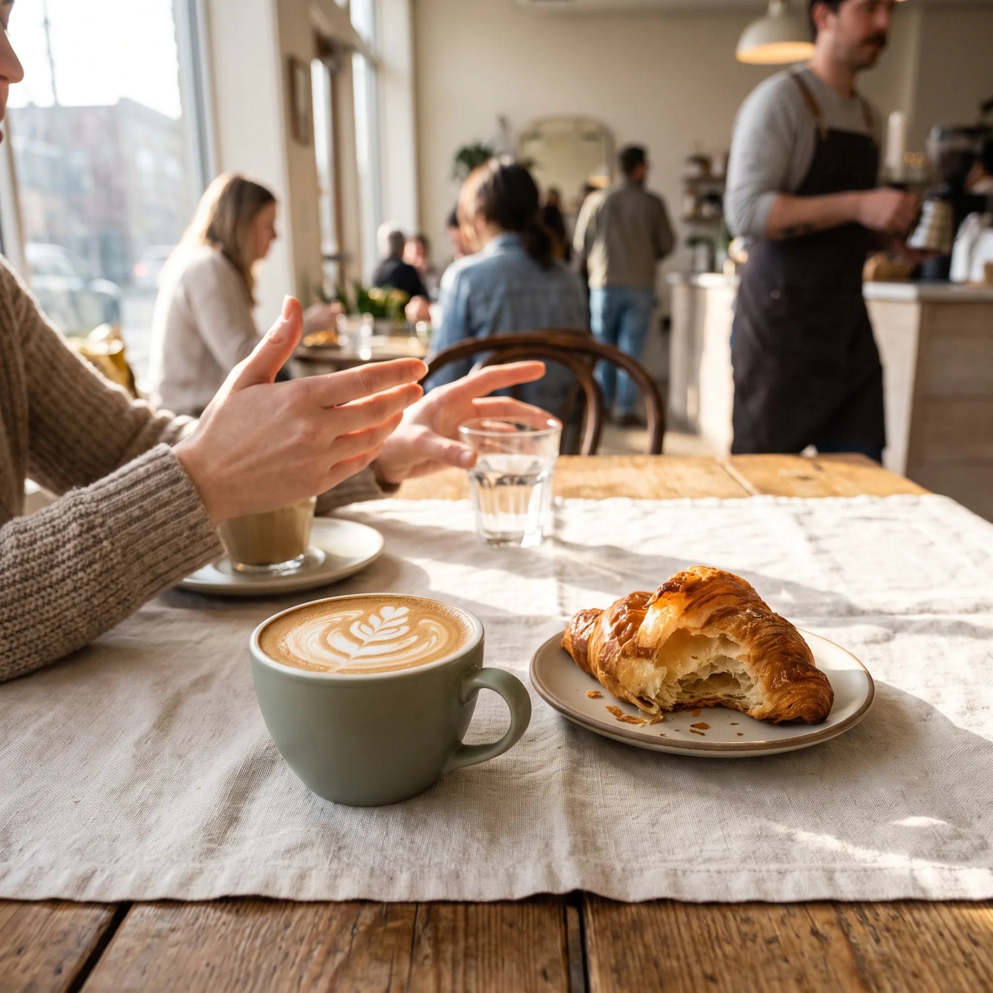 Flat white and croissant on a cafe table