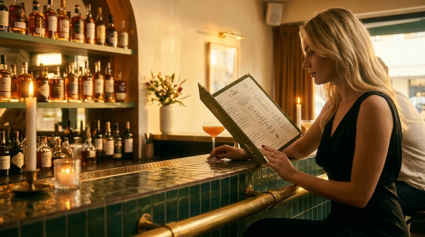 The Lark — reading the menu at the bar